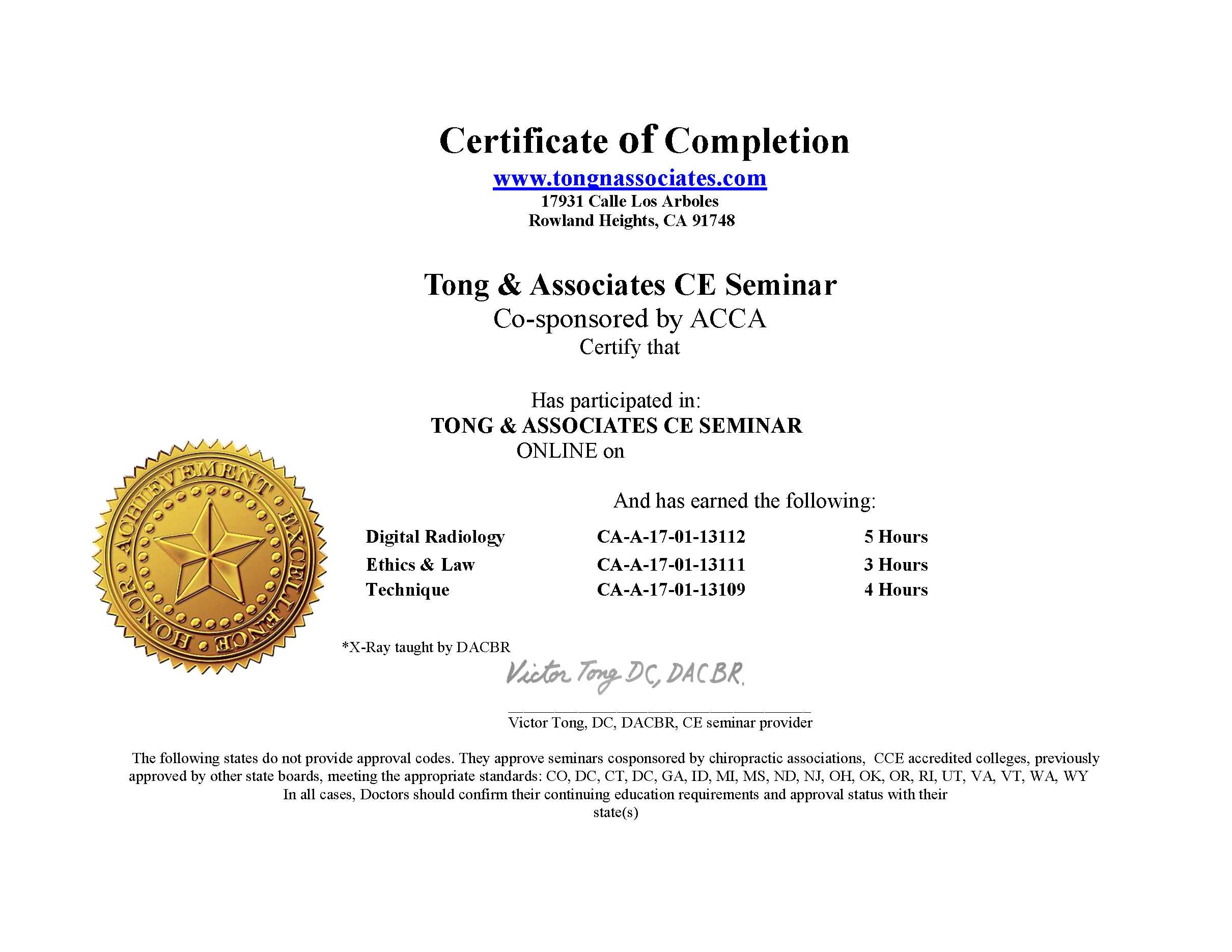 Certificate of Completion with gold seal.